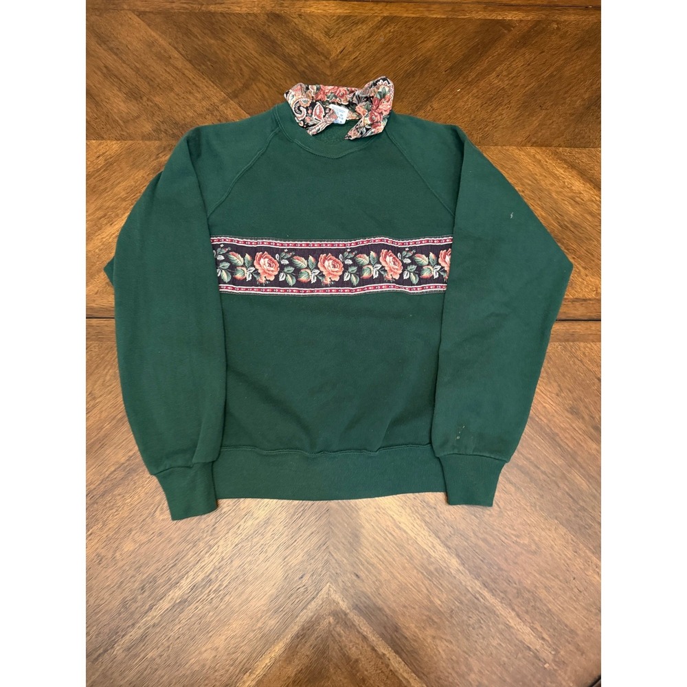 Vintage Jerzees Floral Rose Sweatshirt Green Raglan Pullover Made in USA Large